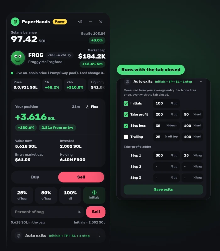 The sell tab with 25%, 50%, 100% and Initials buttons next to the auto exits editor: initials, take profit, stop loss, trailing and a take-profit ladder