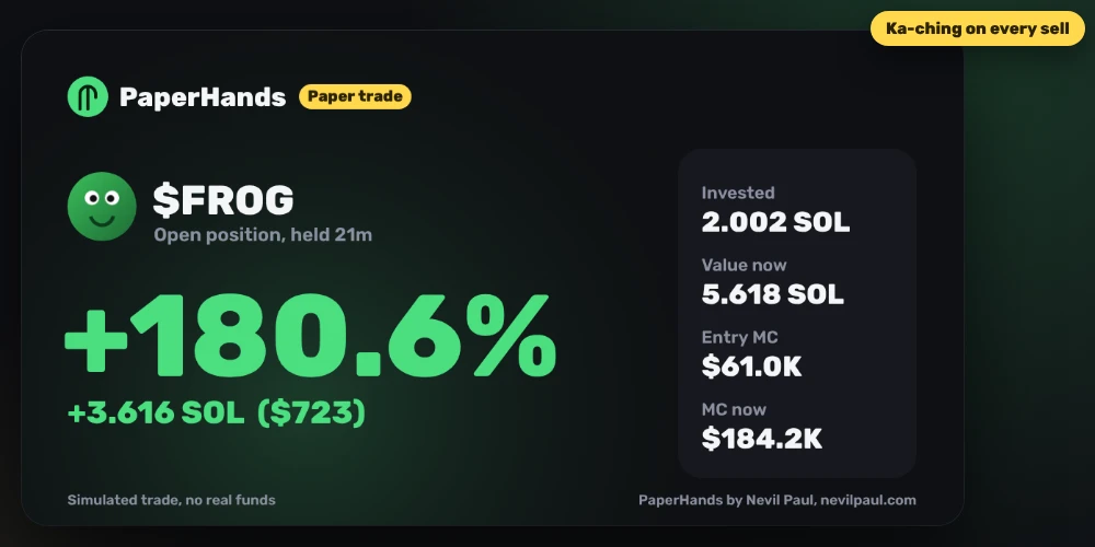 A PnL share card showing $FROG up 180.6%, plus 3.616 SOL